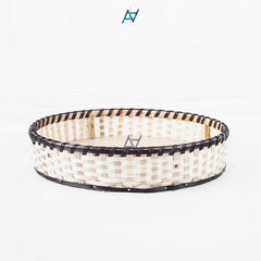 Brown & White Round Cane Serving & Storage Tray for Home Decor