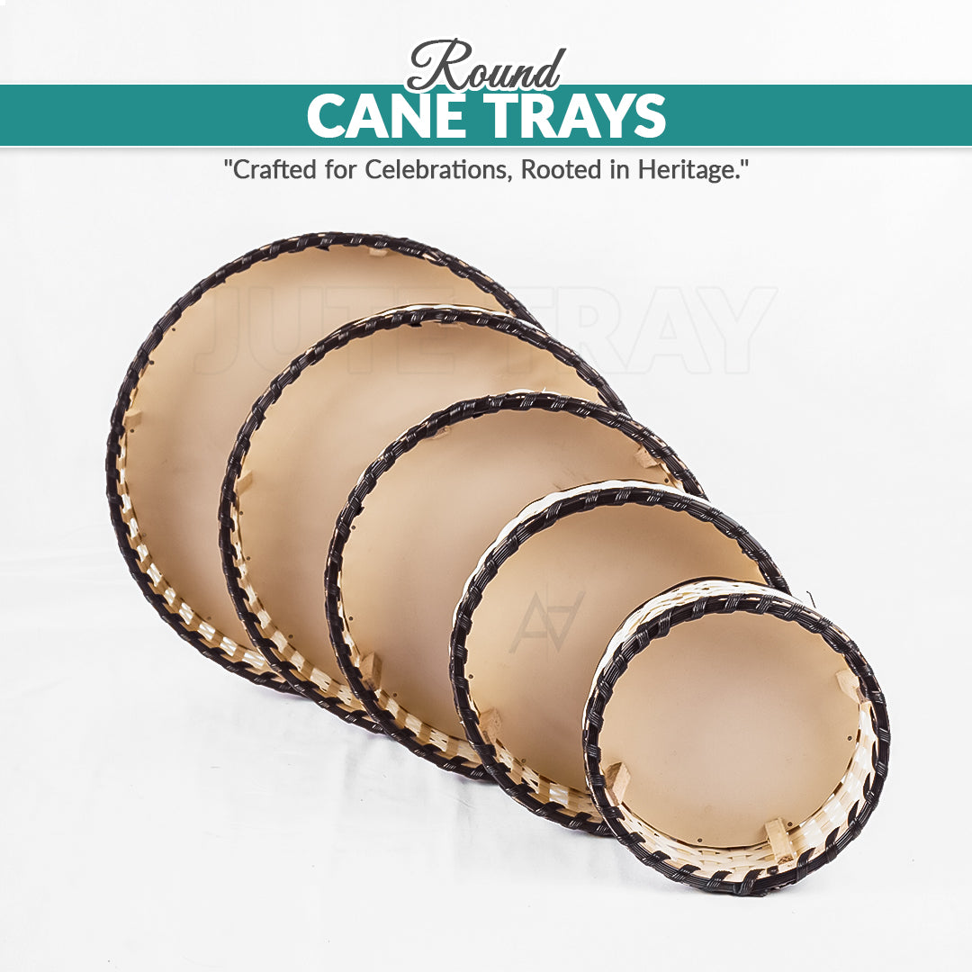 Brown & White Round Cane Serving & Storage Tray for Home Decor