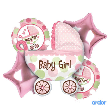 Baby Girl Cart Shaped 5 Pcs Foil Balloons Set - ardor