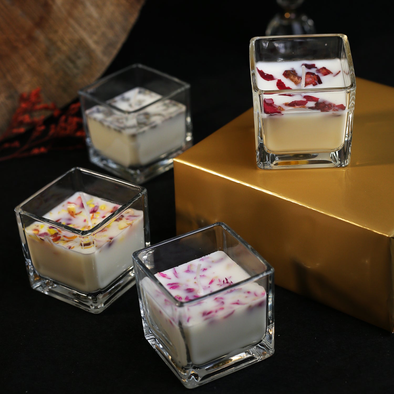 Square & Heart Shaped Glass Scented Candle | Pack of 4 | For Room Decoration - ardor