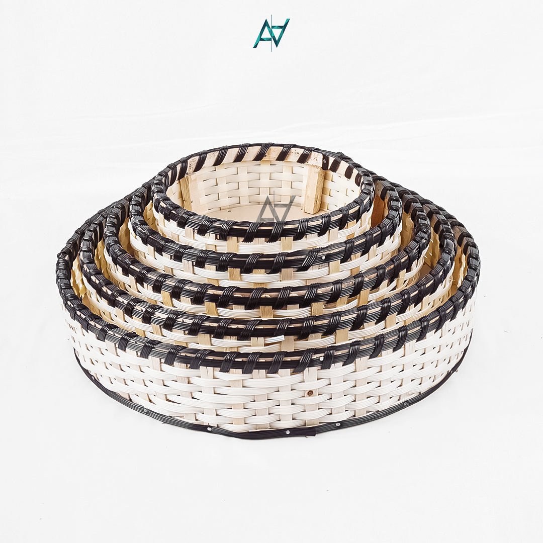 Brown & White Round Cane Serving & Storage Tray for Home Decor - aliakbardecoration