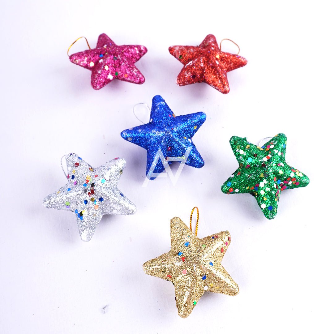 Glitter Christmas Star Hanging – Set of 6 (Multicolor) - aliakbardecoration
