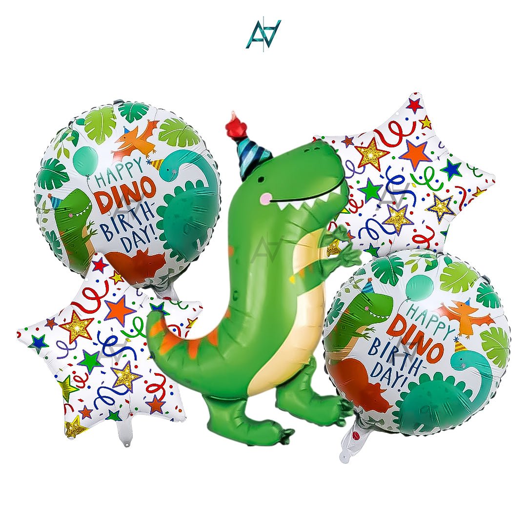 Happy Dino Birthday Foil Balloon Set (5 Pcs) – Dinosaur Party Décor - aliakbardecoration