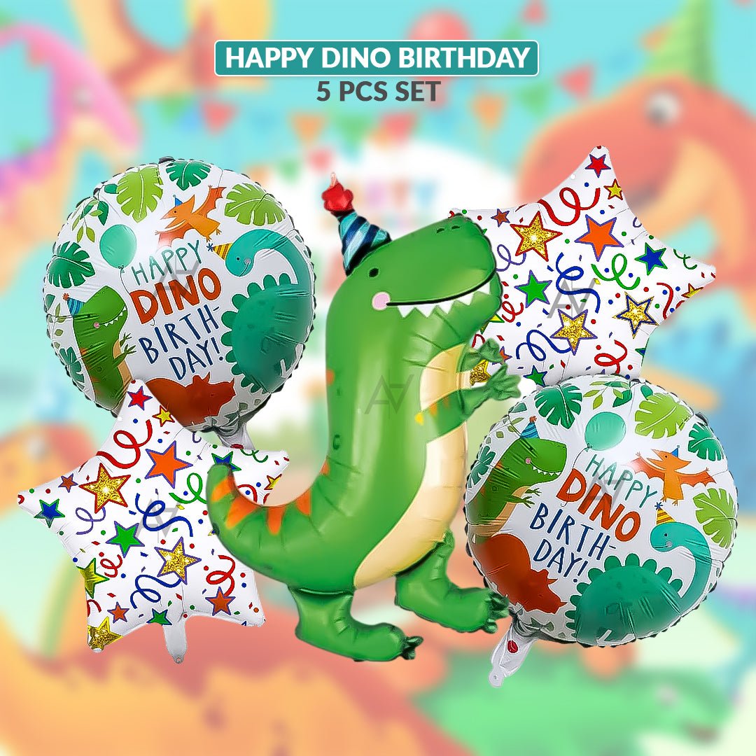 Happy Dino Birthday Foil Balloon Set (5 Pcs) – Dinosaur Party Décor - aliakbardecoration