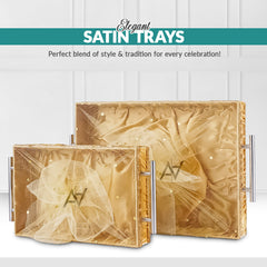 Gold satin trays with decorative handles on a white background, labeled 'Elegant Satin Trays'.