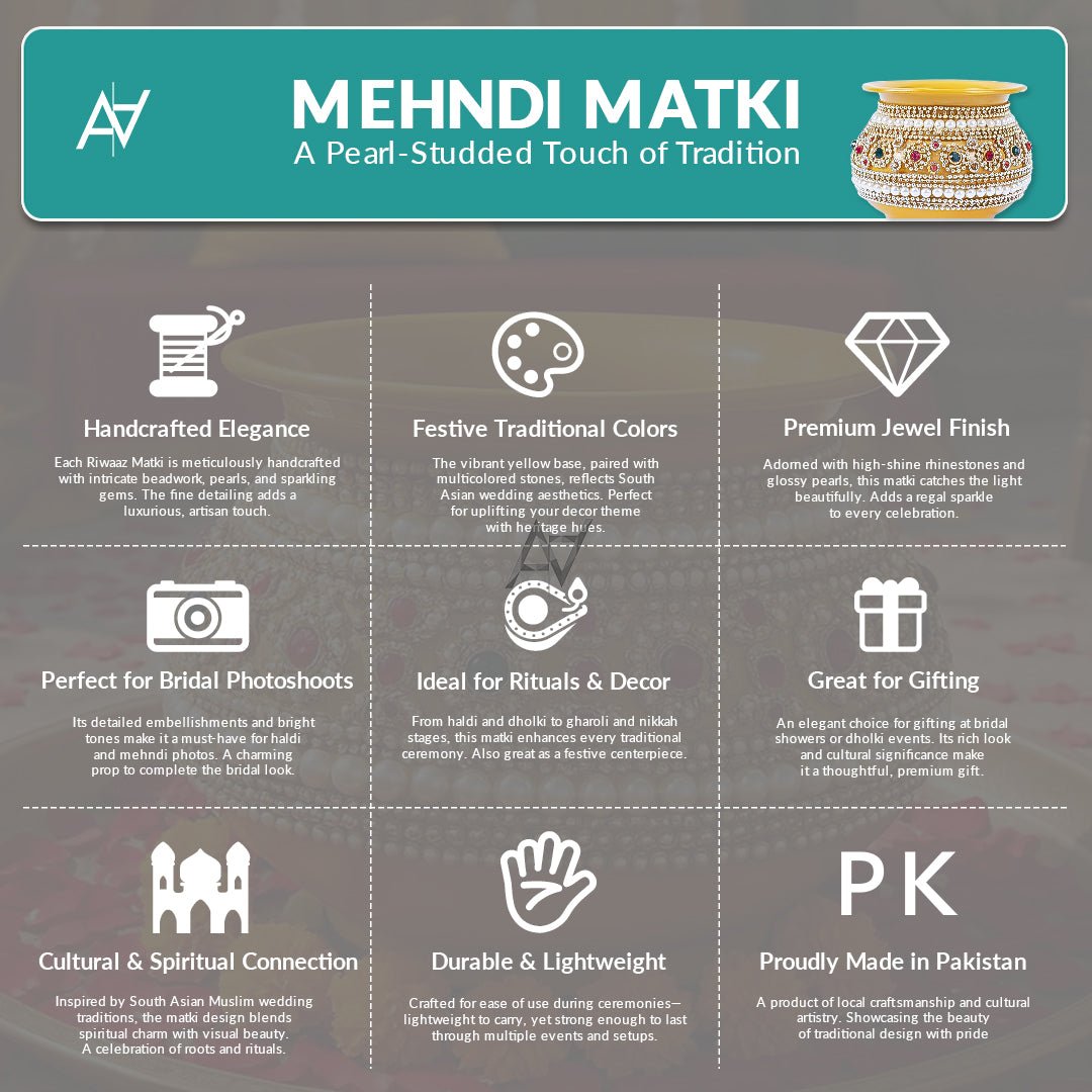 Mehndi Metal Matki with Pearl Detailing - aliakbardecoration