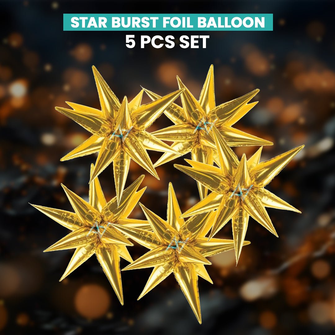 Pack of 10 - Star Burst Foil Balloons - 5 pcs Set - Ali Akbar decoration - aliakbardecoration