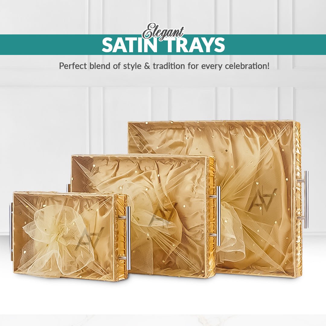 Set of 3 – Golden Satin Wedding Trays for Gifting & Decoration - aliakbardecoration