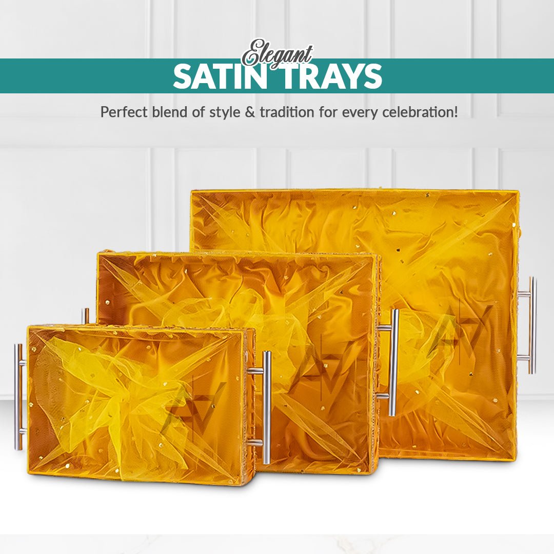 Set of 3 – Yellow Satin Wedding Trays for Gifting & Decoration - aliakbardecoration